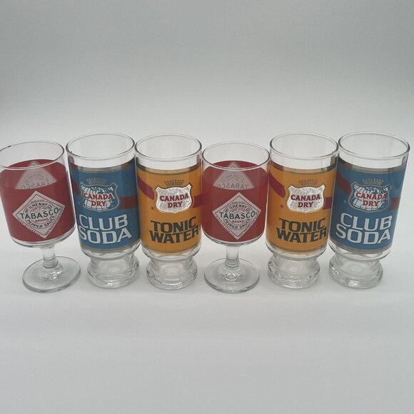 6 Cocktail Drink BarWare Canada Dry, Club Hot Tabasco Vintage Glassware Party